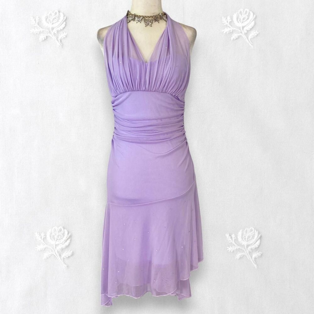 Early 2000's Fairy Dainty Sequin Asymmetric Light Purple Mesh Halter Midi Dress